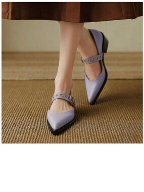 YDN Lavender Pointed Closed Toe Mary Jane Chunky Heels Loafer Hollow Buckle Pump